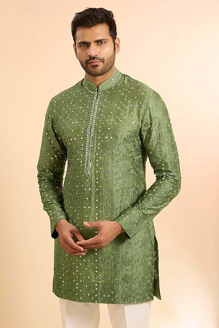 Green Silk Kurta by Sawan Gandhi Men at Pernia's Pop Up Shop