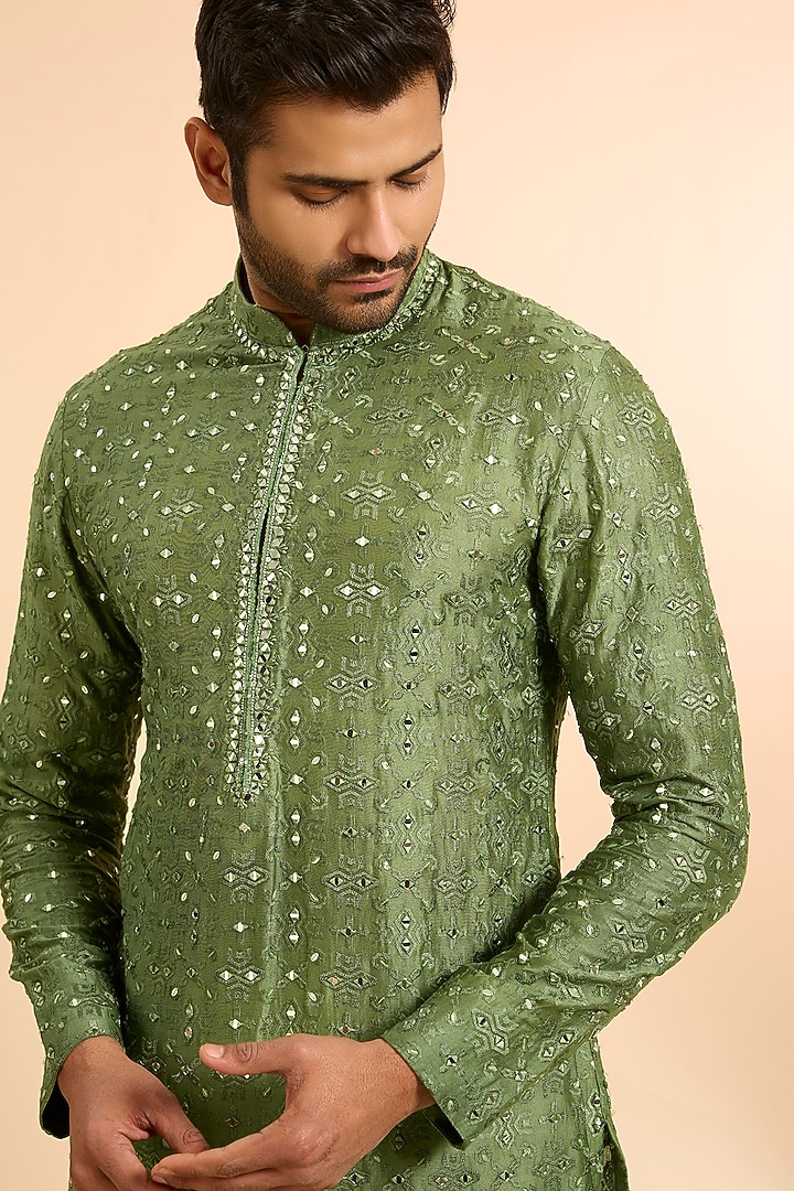 Green Silk Kurta by Sawan Gandhi Men at Pernia's Pop Up Shop