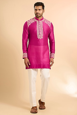 Hot Pink Chanderi Kurta by Sawan Gandhi Men