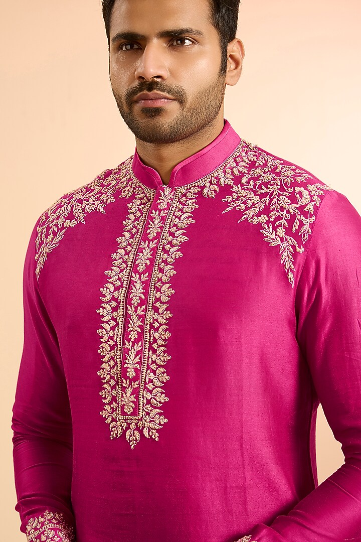 Hot Pink Chanderi Kurta by Sawan Gandhi Men at Pernia's Pop Up Shop