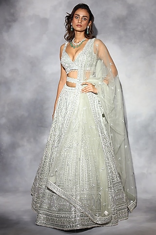 Sage Green Organza Hand Embroidered Lehenga Set by Swati Narula