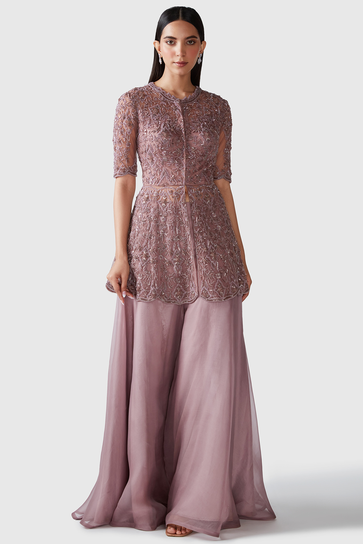 Dusty Mauve Organza Wedding Sharara Set by Swati Narula at Pernia's Pop Up Shop