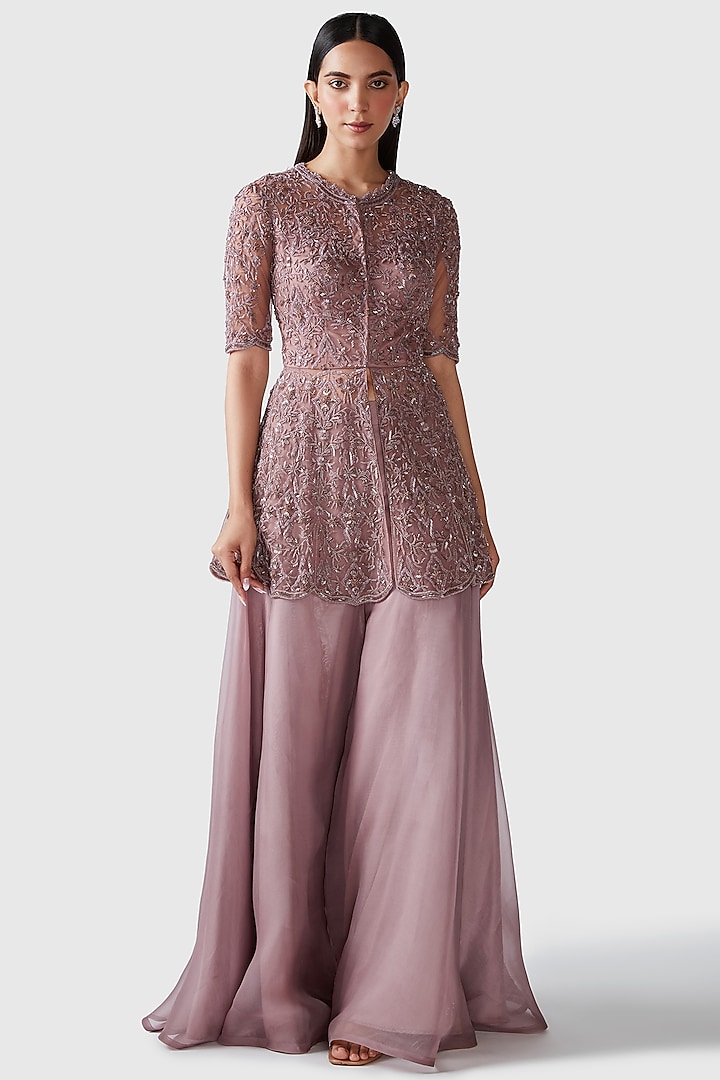 Dusty Mauve Organza Wedding Sharara Set by Swati Narula at Pernia's Pop Up Shop