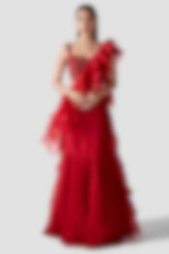 Scarlet Red Organza Ruffled Draped Wedding Saree Set by Swati Narula at Pernia's Pop Up Shop
