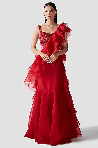 Scarlet Red Organza Ruffled Draped Saree Set by Swati Narula