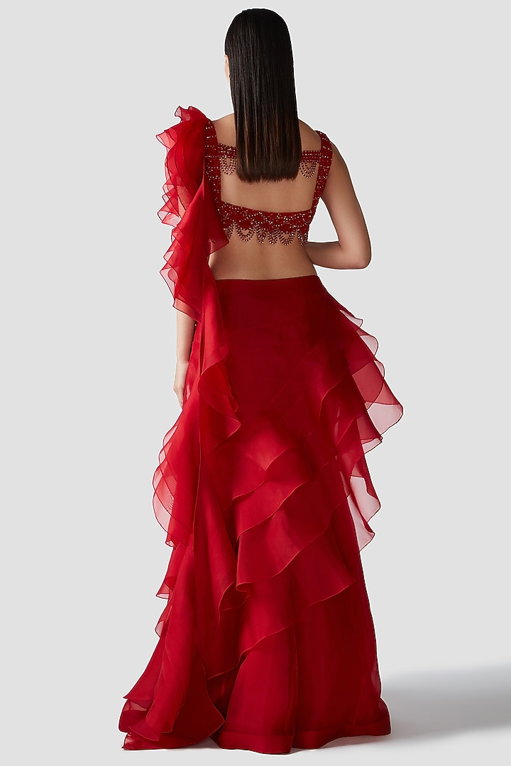 Scarlet Red Organza Ruffled Draped Wedding Saree Set by Swati Narula at Pernia's Pop Up Shop