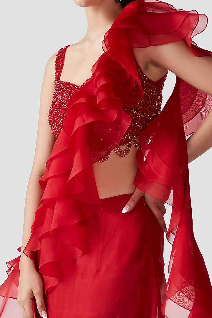 Scarlet Red Organza Ruffled Draped Wedding Saree Set by Swati Narula at Pernia's Pop Up Shop