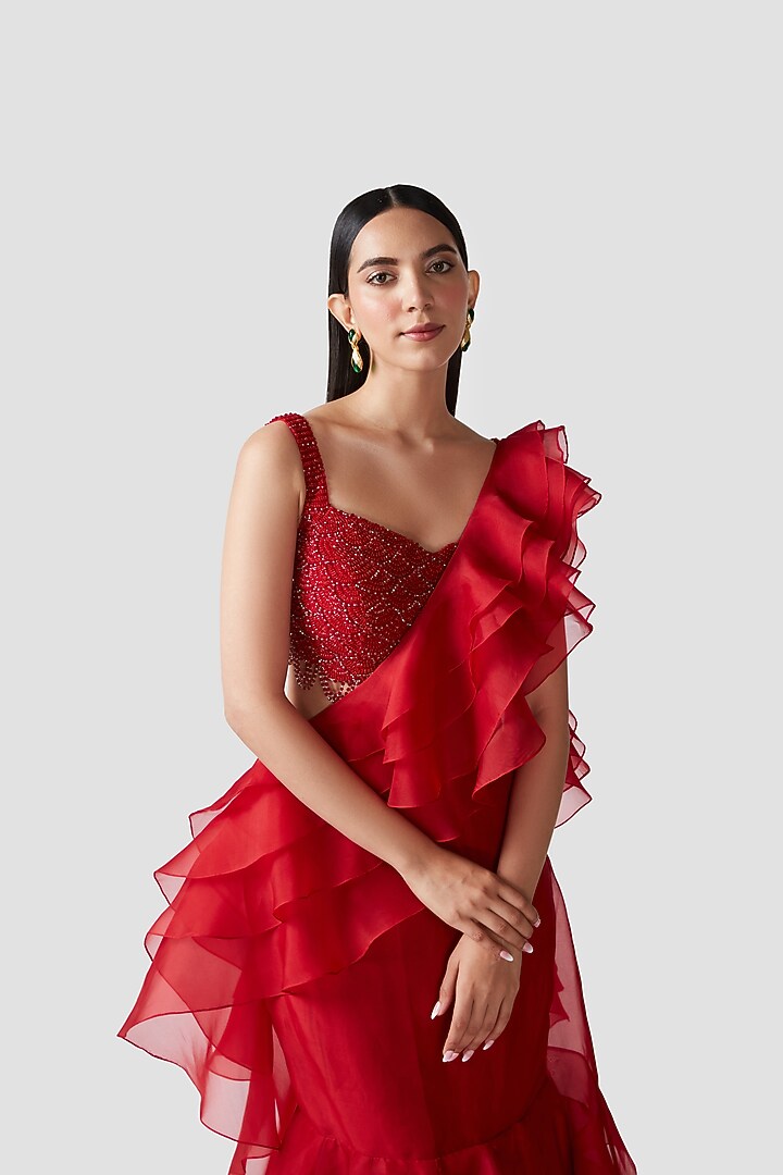 Scarlet Red Organza Ruffled Draped Wedding Saree Set by Swati Narula at Pernia's Pop Up Shop