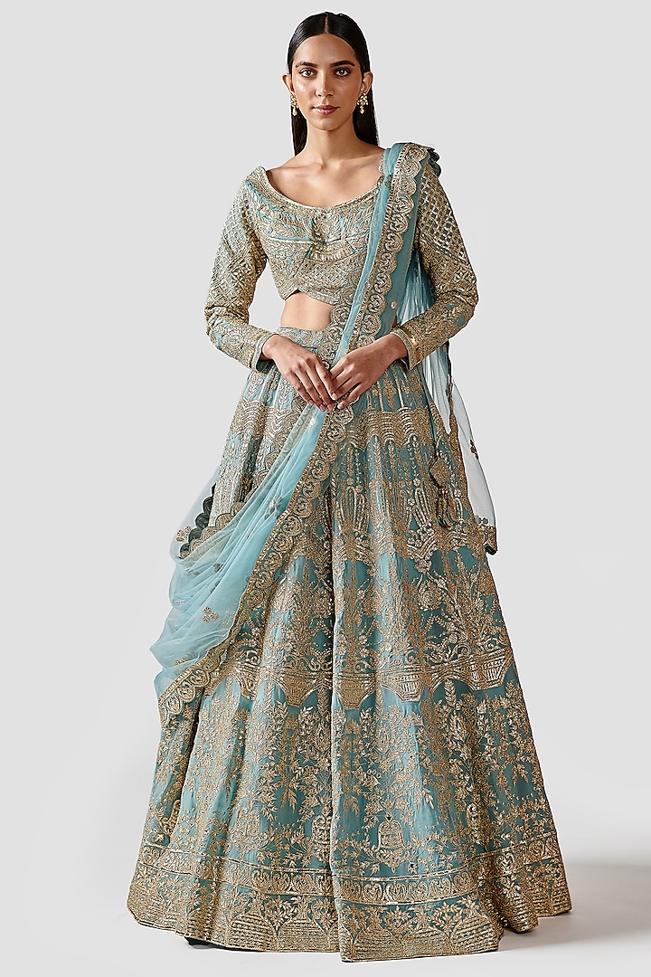 Turquoise Hand Embroidered Lehenga Set Design by Swati Narula at Pernia ...