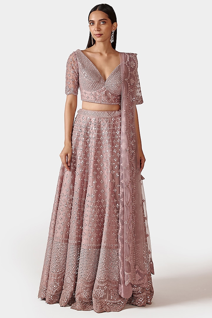 Dusty Mauve Hand Embroidered Wedding Lehenga Set by Swati Narula at Pernia's Pop Up Shop