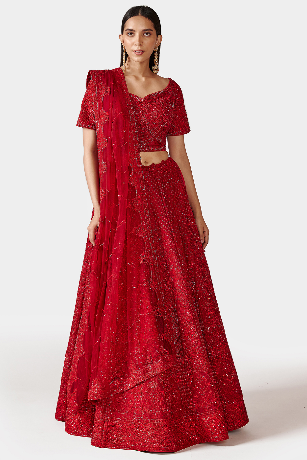 Scarlet Red Hand Embroidered Bridal Lehenga Set by Swati Narula at Pernia's Pop Up Shop