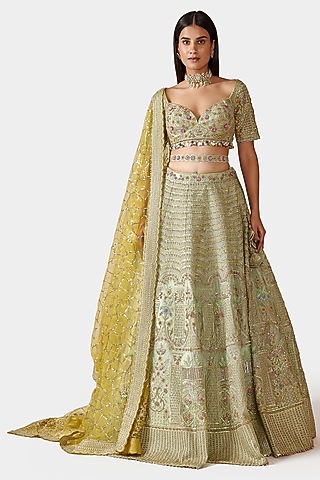 Light Green Hand Embroidered Lehenga Set by Swati Narula