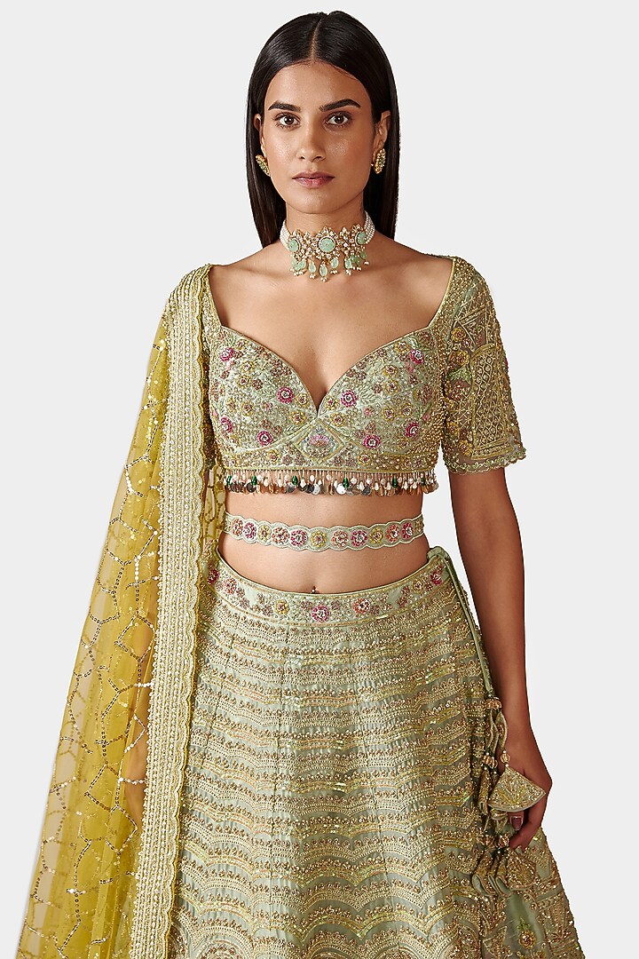 Light Green Hand Embroidered Bridal Lehenga Set by Swati Narula at Pernia's Pop Up Shop