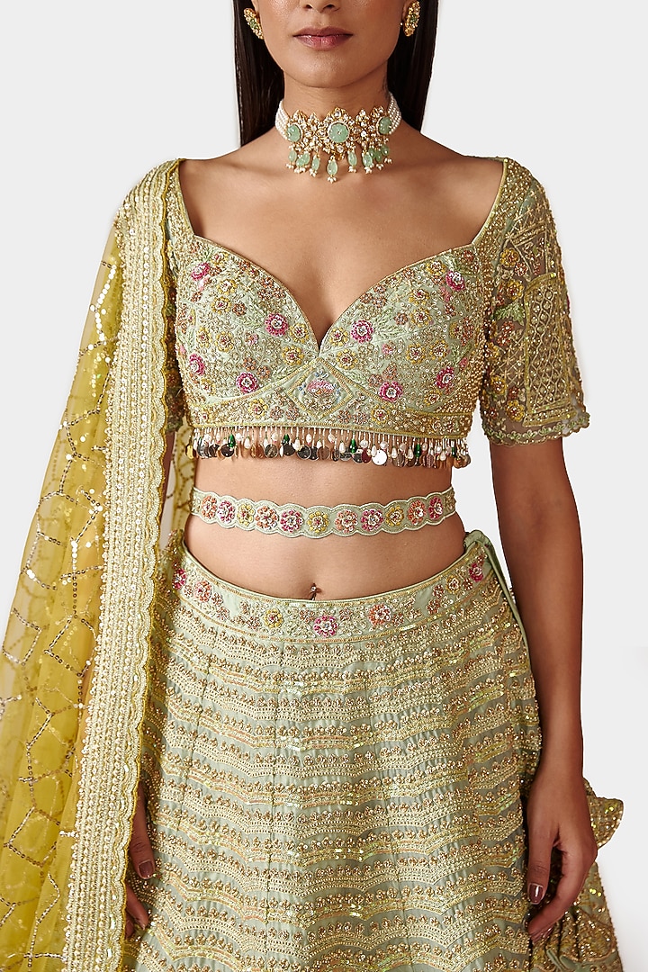 Light Green Hand Embroidered Bridal Lehenga Set by Swati Narula at Pernia's Pop Up Shop