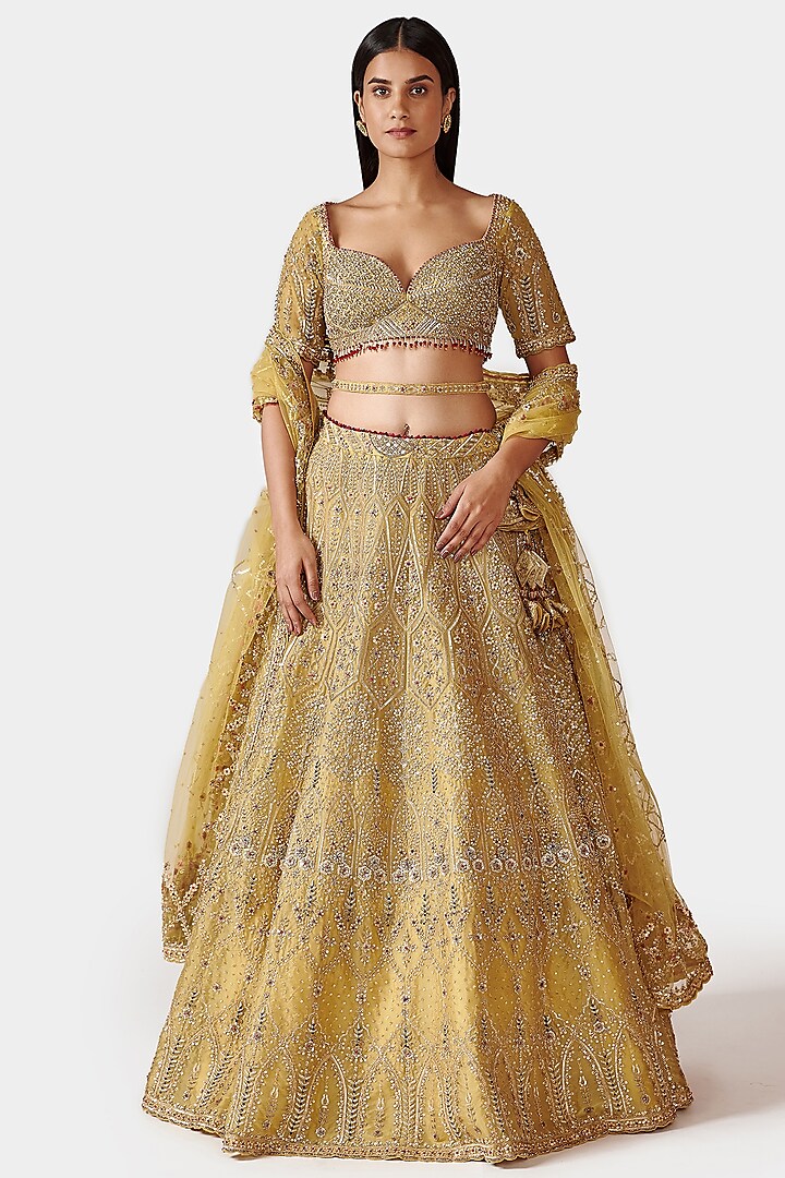 Yellow-Green Hand Embroidered Lehenga Set by Swati Narula