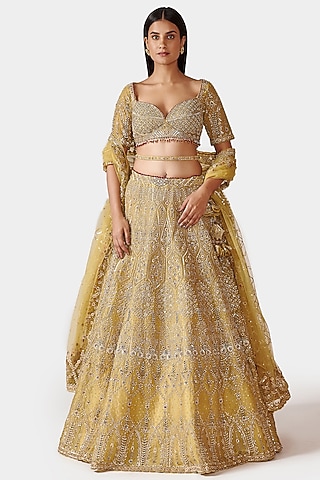 Yellow-Green Hand Embroidered Lehenga Set by Swati Narula