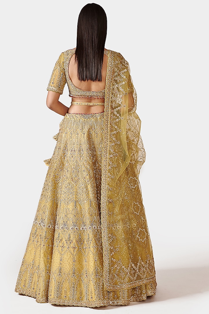 Yellow-Green Hand Embroidered Bridal Lehenga Set by Swati Narula at Pernia's Pop Up Shop