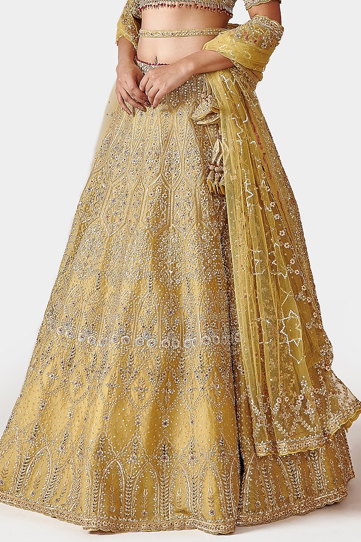 Yellow-Green Hand Embroidered Bridal Lehenga Set by Swati Narula at Pernia's Pop Up Shop