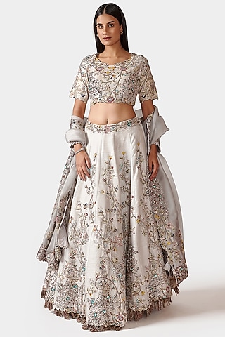 Ice Blue-Grey Hand Embroidered Lehenga Set by Swati Narula