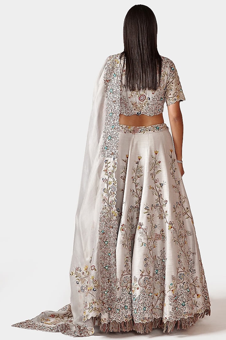Ice Blue-Grey Hand Embroidered Wedding Lehenga Set by Swati Narula at Pernia's Pop Up Shop