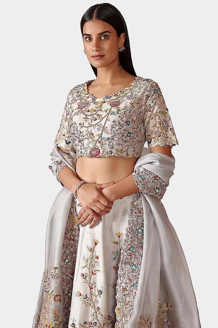 Ice Blue-Grey Hand Embroidered Wedding Lehenga Set by Swati Narula at Pernia's Pop Up Shop