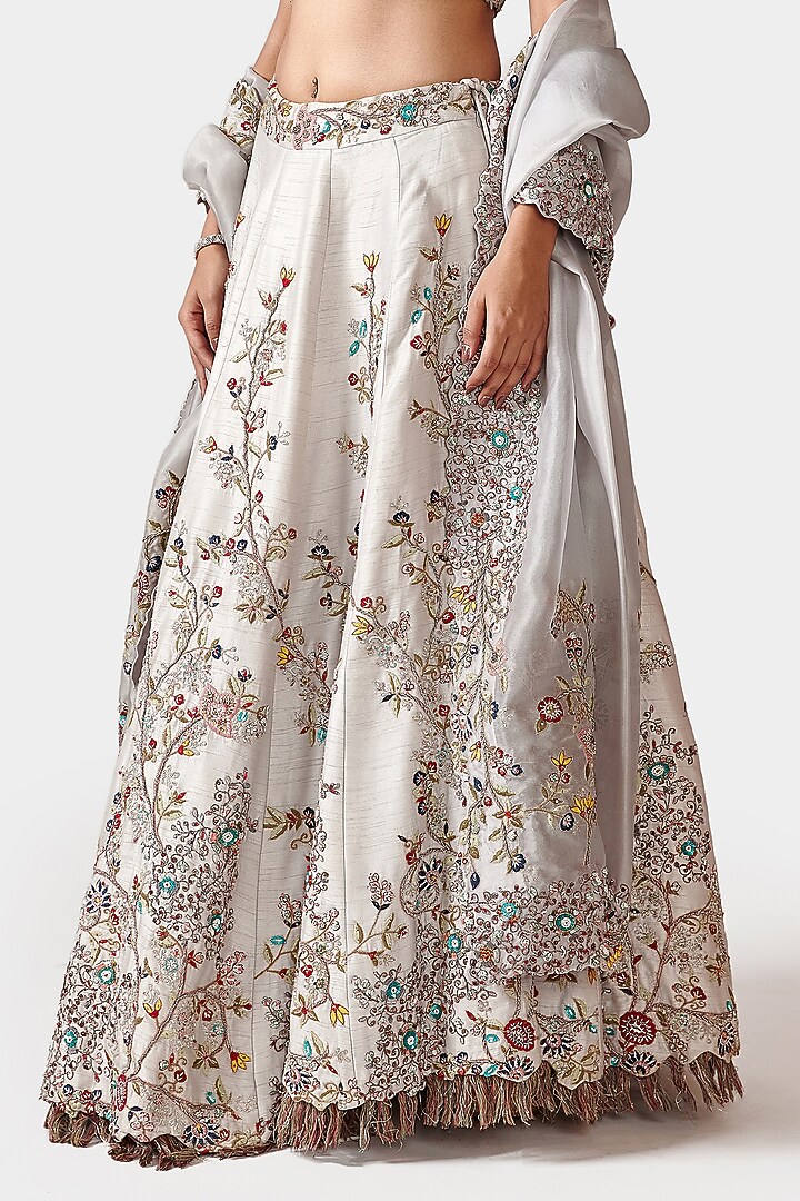 Ice Blue-Grey Hand Embroidered Wedding Lehenga Set by Swati Narula at Pernia's Pop Up Shop