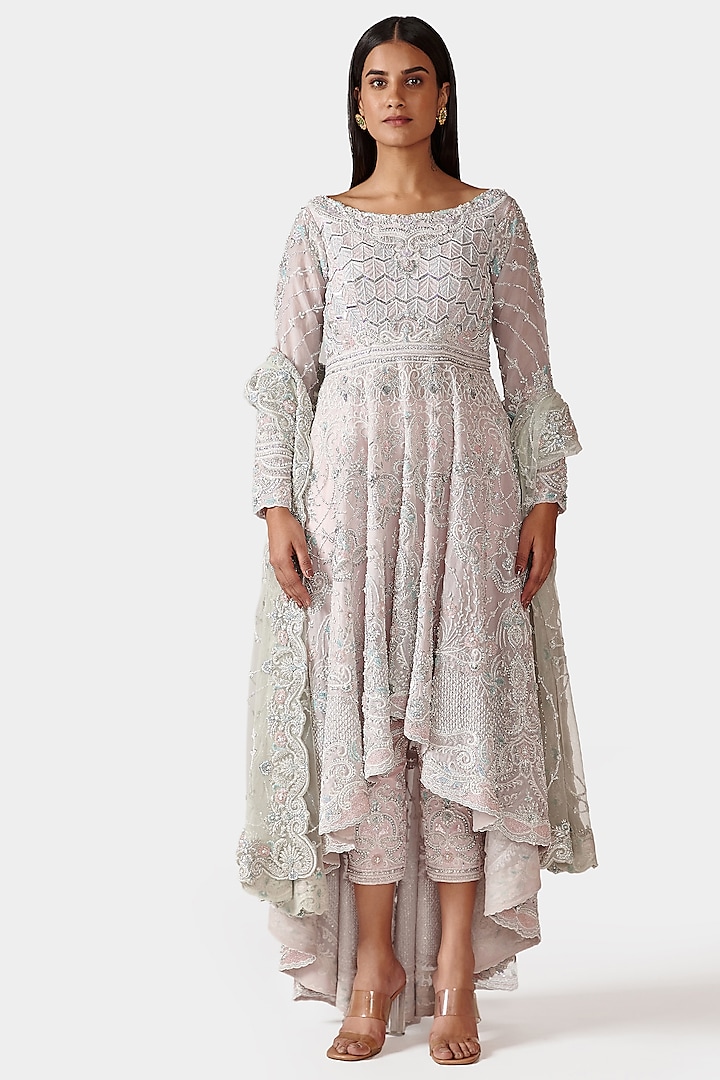 Ivory Hand Embroidered High-Low Anarkali Set by Swati Narula