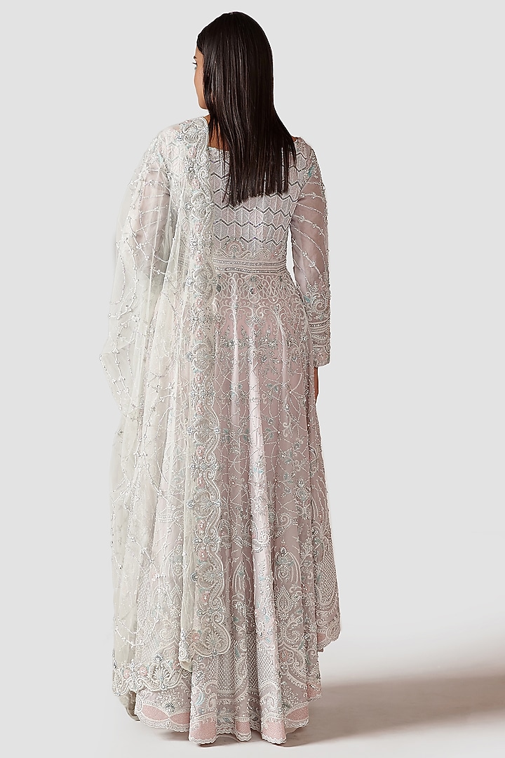Ivory Hand Embroidered High-Low Bridal Anarkali Set by Swati Narula at Pernia's Pop Up Shop