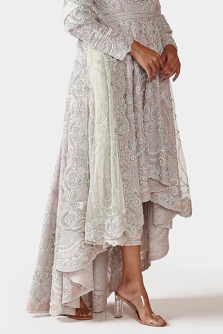Ivory Hand Embroidered High-Low Bridal Anarkali Set by Swati Narula at Pernia's Pop Up Shop