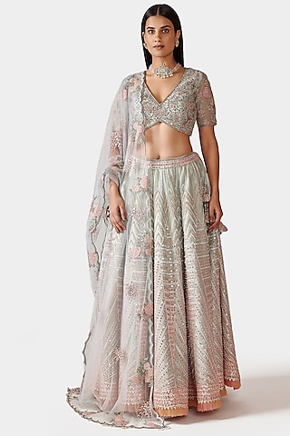 Sky Blue Hand Embroidered Lehenga Set by Swati Narula