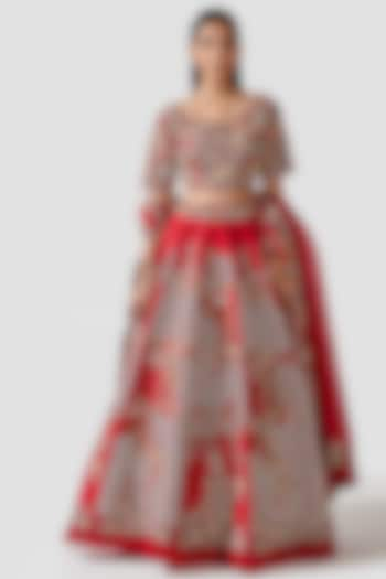 Scarlet Red Hand Embroidered Lehenga Set by Swati Narula