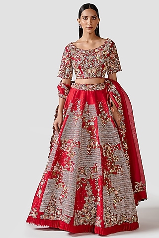 Scarlet Red Hand Embroidered Lehenga Set by Swati Narula