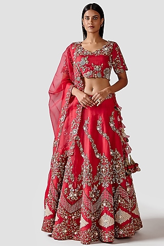 Red Hand Embroidered Lehenga Set by Swati Narula