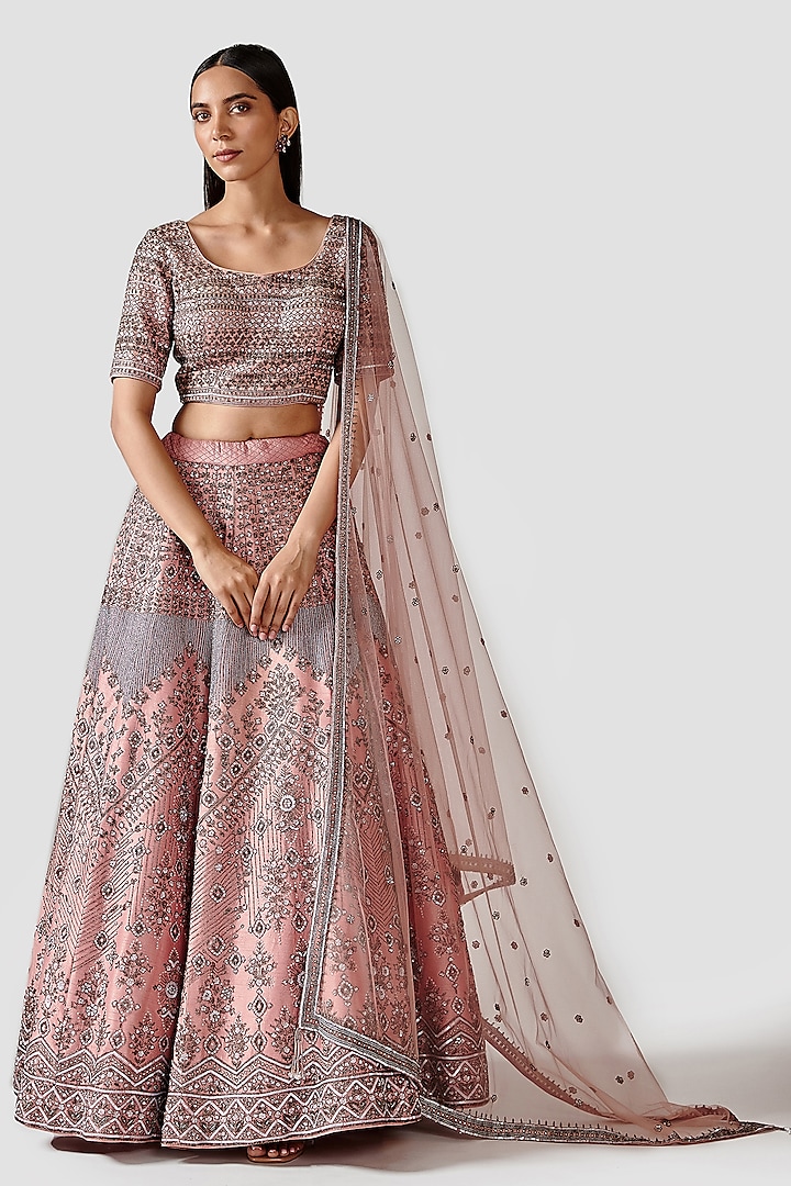 Muted Pink Hand Embroidered Lehenga Set by Swati Narula