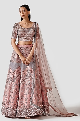 Muted Pink Hand Embroidered Lehenga Set by Swati Narula