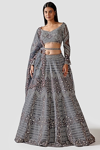 Grey Hand Embroidered Lehenga Set by Swati Narula