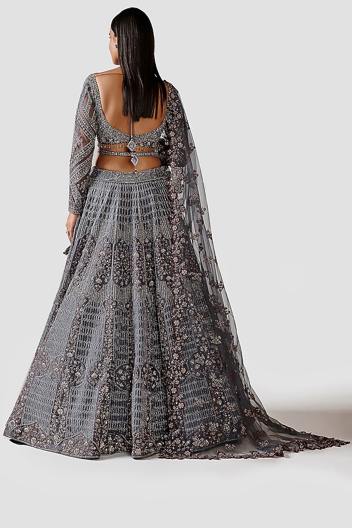 Grey Hand Embroidered Bridal Lehenga Set by Swati Narula at Pernia's Pop Up Shop