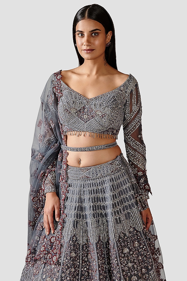 Grey Hand Embroidered Bridal Lehenga Set by Swati Narula at Pernia's Pop Up Shop