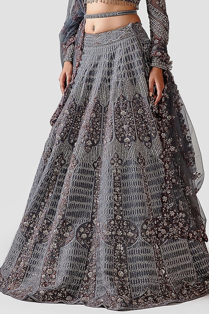 Grey Hand Embroidered Bridal Lehenga Set by Swati Narula at Pernia's Pop Up Shop