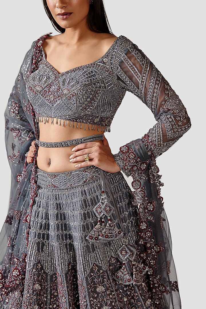 Grey Hand Embroidered Bridal Lehenga Set by Swati Narula at Pernia's Pop Up Shop