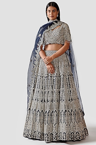 Navy Blue Hand Embroidered Lehenga Set by Swati Narula