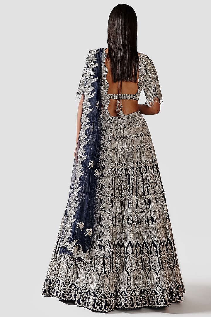 Navy Blue Hand Embroidered Bridal Lehenga Set by Swati Narula at Pernia's Pop Up Shop