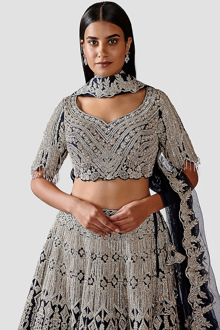 Navy Blue Hand Embroidered Bridal Lehenga Set by Swati Narula at Pernia's Pop Up Shop