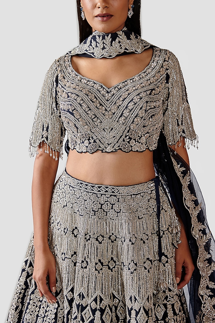 Navy Blue Hand Embroidered Bridal Lehenga Set by Swati Narula at Pernia's Pop Up Shop
