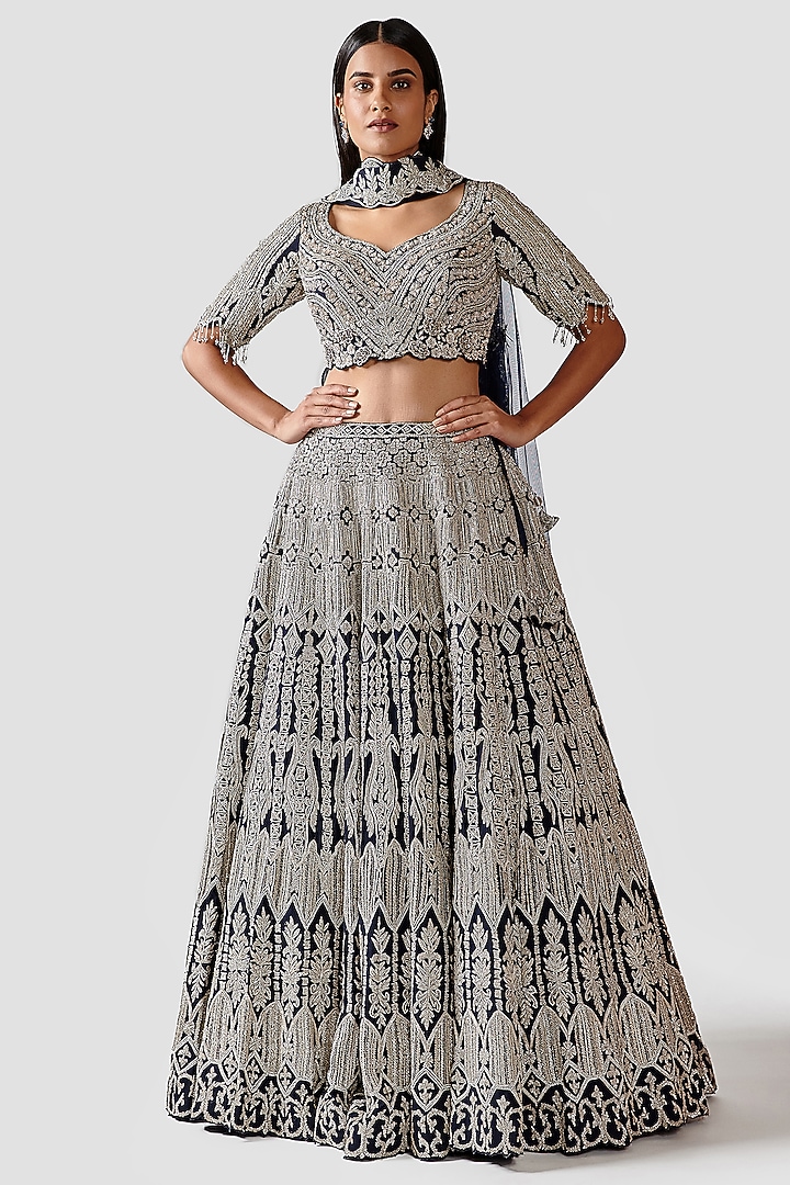 Navy Blue Hand Embroidered Bridal Lehenga Set by Swati Narula at Pernia's Pop Up Shop