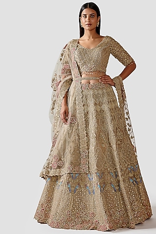 Light Gold Hand Embroidered Lehenga Set by Swati Narula