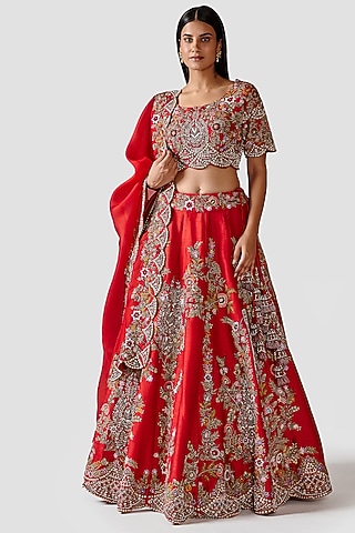 Tomato Red Lehenga Set With Hand Embroidery by Swati Narula
