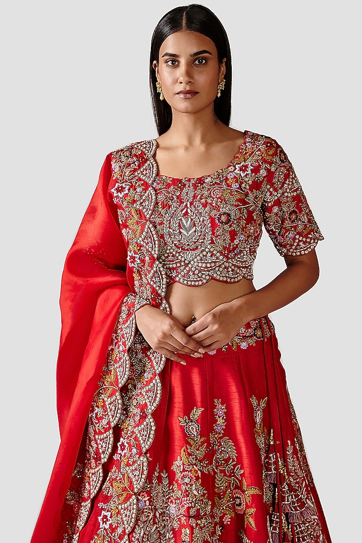 Tomato Red Wedding Lehenga Set With Hand Embroidery by Swati Narula at Pernia's Pop Up Shop