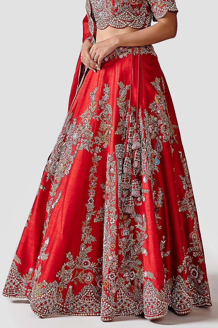 Tomato Red Wedding Lehenga Set With Hand Embroidery by Swati Narula at Pernia's Pop Up Shop