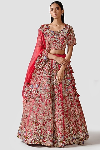 Coral Pink Hand Embroidered Lehenga Set by Swati Narula